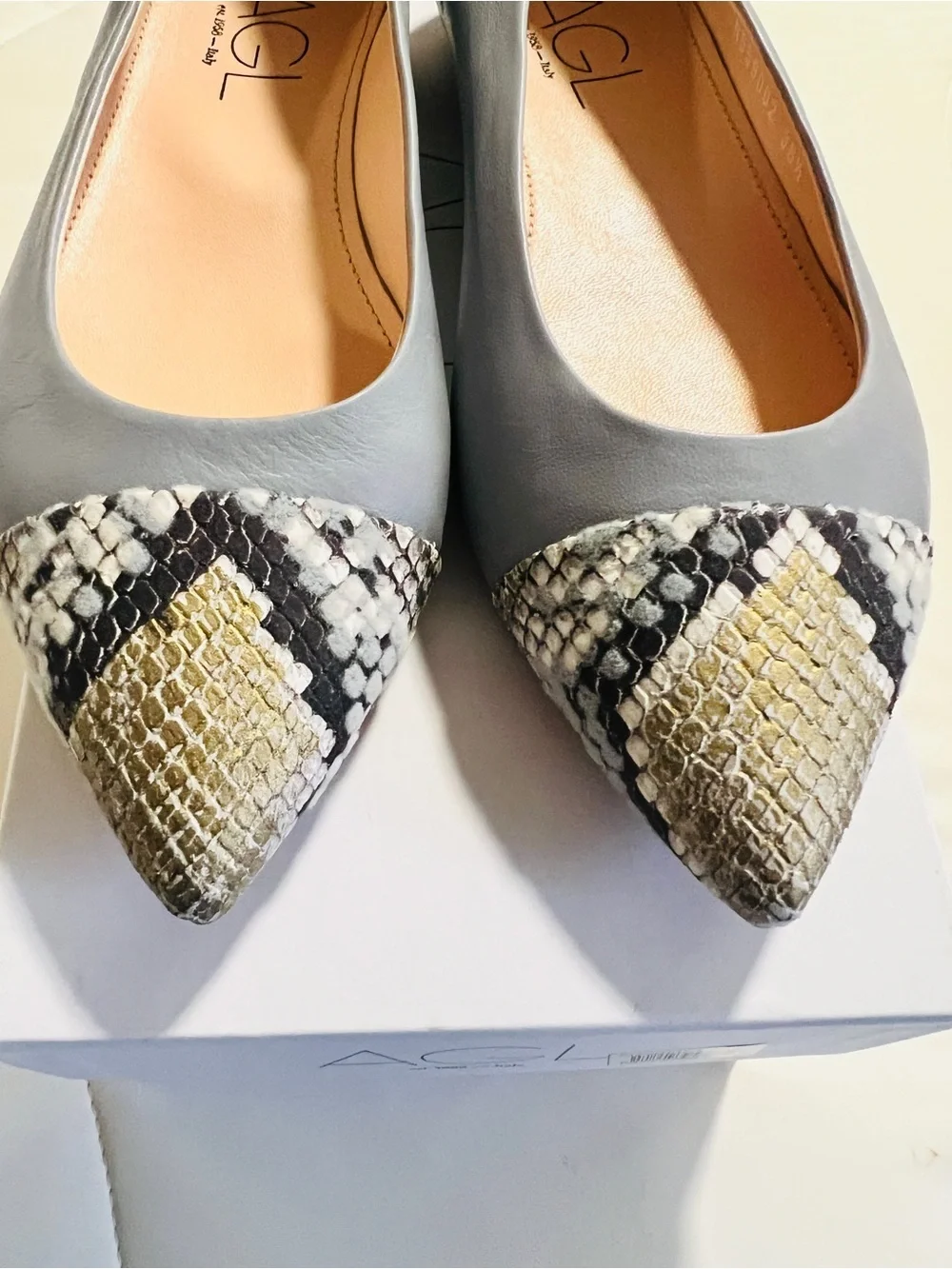 NIB AGL Mila Ballet Pointed Toe Flats with Snakeskin Accent - Size 36.5/6.5US